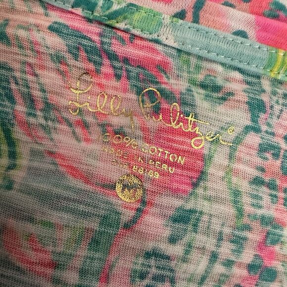 Lilly Pulitzer Etta V-Neck Top Seasalt Blue On Parade Size Medium Flamingo - Picture 8 of 9
